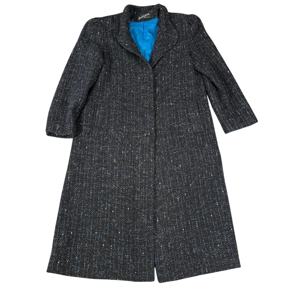 Vintage Miss New Yorker ILGWU Wool Blend Tweed Long Coat Black Blue USA Made